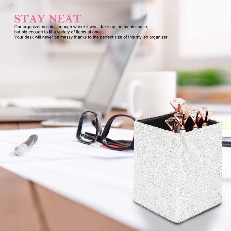 KEYPOWER Crystal Pencil Pot Holder Box Bling Rhinestone Pen Organizer Holder Cosmetic Pen Container Comb Brushes Personalized (Square White&AB Color) - Image 4
